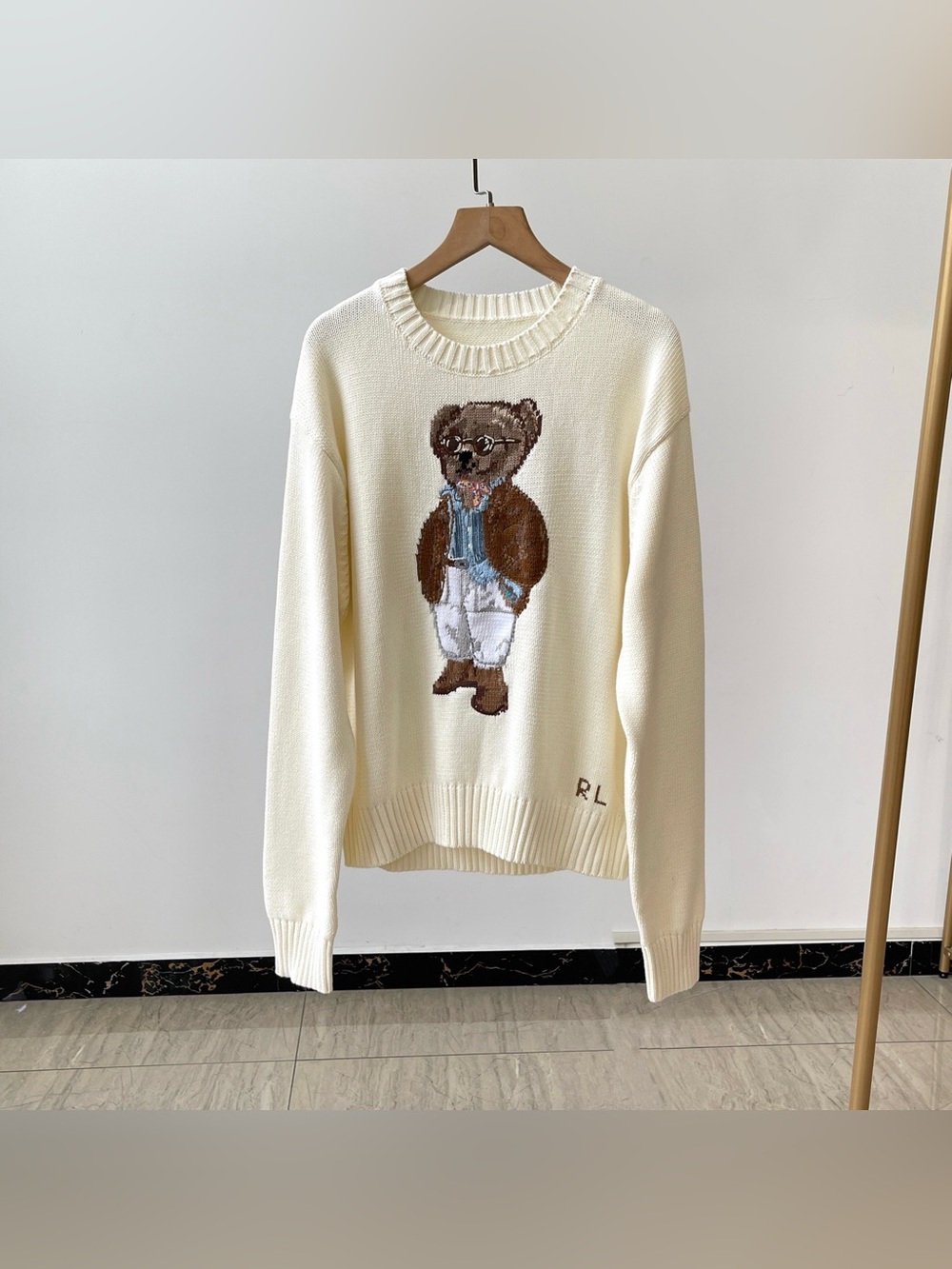 Polo Ralph Lauren Cream Crewneck Sweater Glasses Gentleman Polo Bear Intarsia Kn